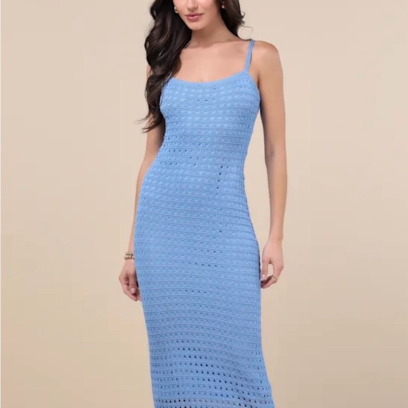 Lulus Ventura Vision Blue Crochet Lace-up Midi Dress - Size S - Picture 4 of 4